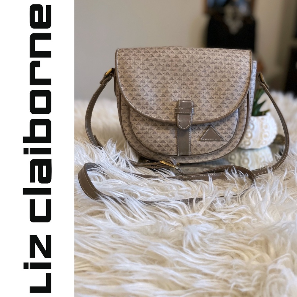Vintage 1980s Liz Claiborne Taupe Monogrammed Crossbody Bag with Brass Hardware